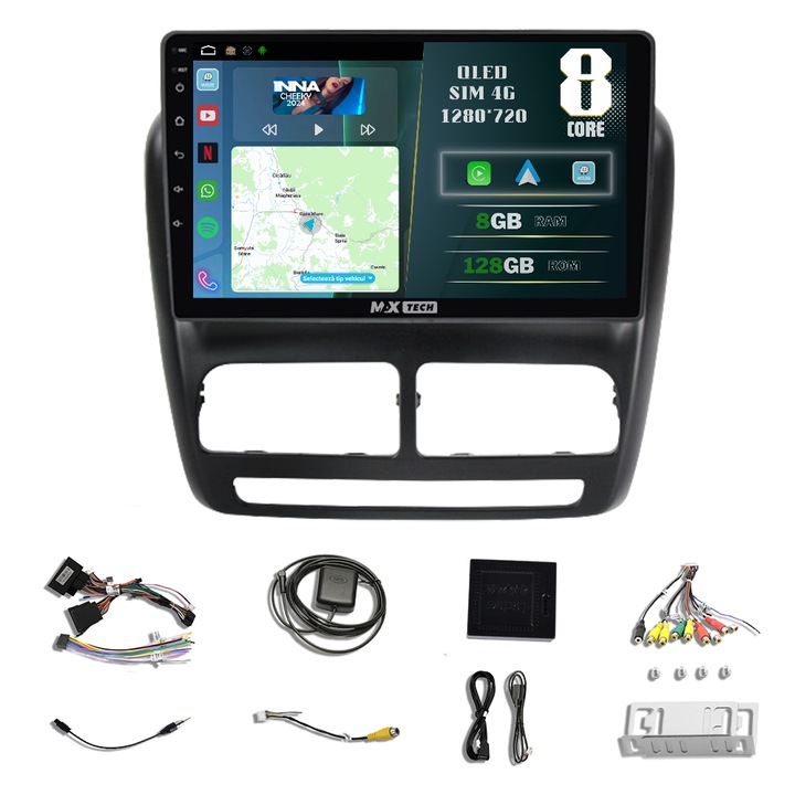 Navigatie FIAT DOBLO 2010 - 2015 /OPEL COMBO 2011 - 2018 dedicata Android 13 si Carplay, MaxTech®, ecran de 9'' QLED, 8 GB RAM 128 GB ROM, DSP, EQ, RDS, Sim 4G, GPS, WIFI, Bluetooth, Waze