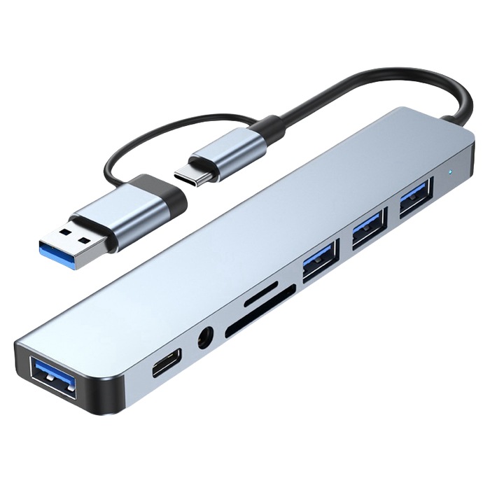 Многопортов хъб, 8 в 1, 5Gbps, USB/Type-C, слот за TF/SD карта, 3,5 мм аудио жак за телефон/компютър/клавиатура/мишка, сребрист