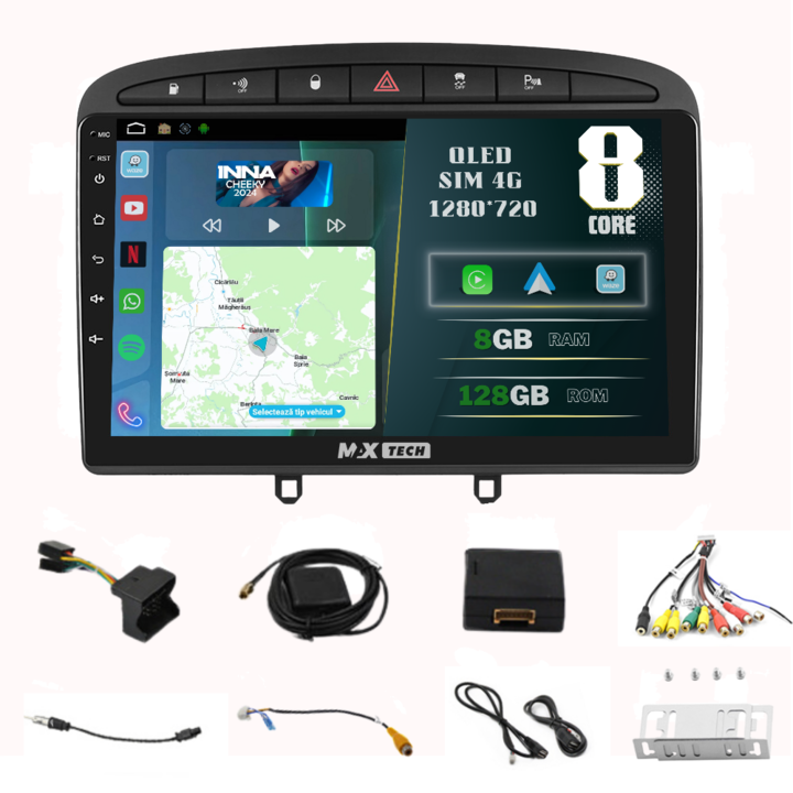 Navigatie Peugeot 308 / 408 ( 2006 - 2014 ) dedicata Android 13 si Carplay, MaxTech®, ecran de 9'' QLED, 8 GB RAM 128 GB ROM, DSP, EQ, RDS, functii Sim 4G, GPS, WIFI, Bluetooth, Waze, MirrorLink