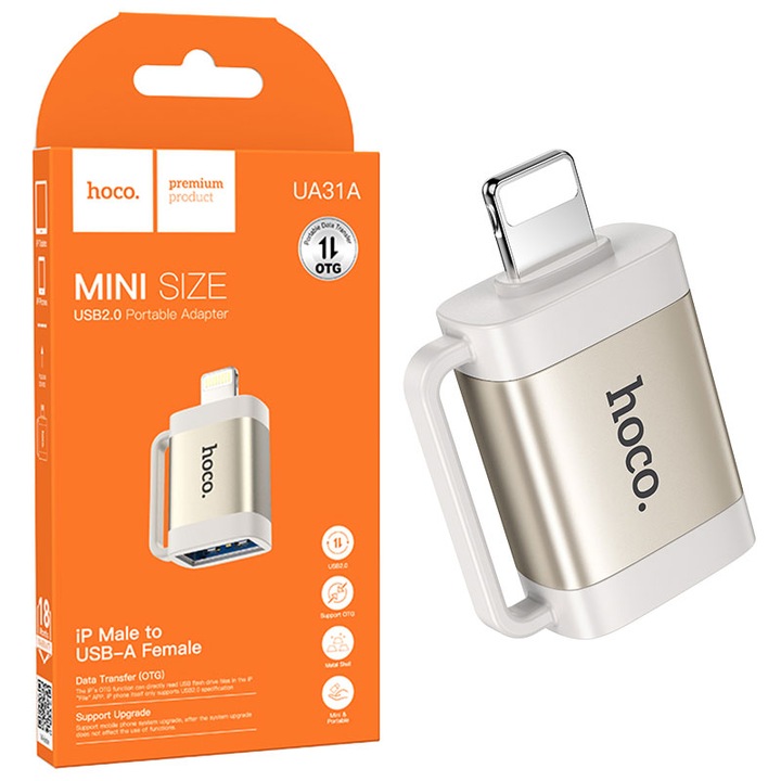 Hoco UA31A USB към Lightning адаптер за iPhone, OTG трансфер на данни 480MBps, златен