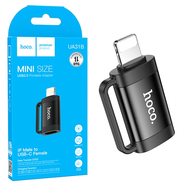 Hoco UA31B Type-C към Lightning адаптер за iPhone, OTG трансфер на данни 480MBps, черен