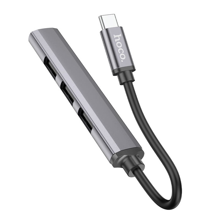 Кабел за хъб Hoco HB26, Type-C към USB, 4 порта, поддържа 1Tb трансфер, OTG, сив