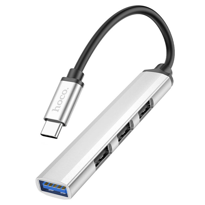 Кабел за хъб Hoco HB26, Type-C към USB, 4 порта, поддържа 1Tb трансфер, OTG, сребрист