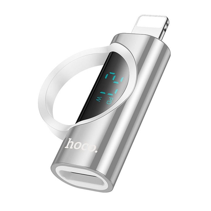 Hoco адаптер от iPhone Lightning plug към Type C, Digital display, 2, 4A, 27W, Silver