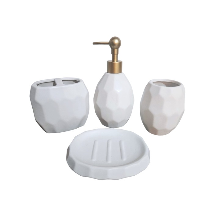 Set accesorii baie 4 piese din ceramica, model fagure, Alb, dozator de sapun, suport periuta si pasta de dinti, pahar si suport sapun solid
