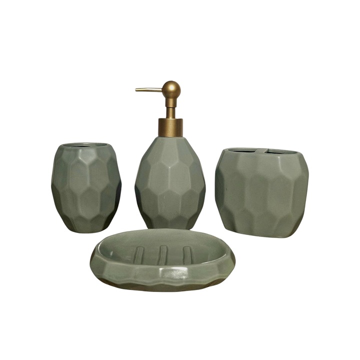 Set accesorii baie 4 piese din ceramica, model fagure, Verde Smarald, dozator de sapun, suport periuta si pasta de dinti, pahar si suport sapun solid