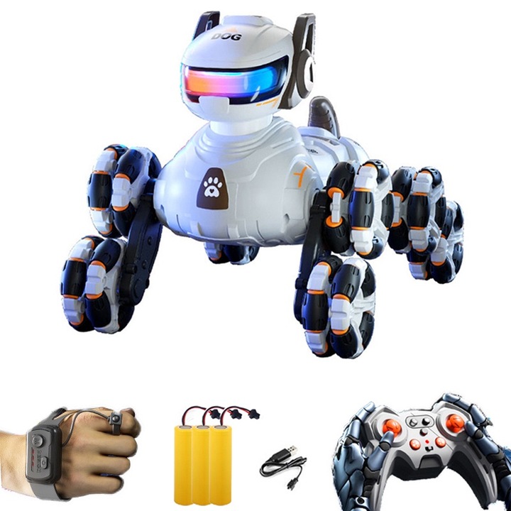 Играчка куче робот с дистанционно управление, Momcbebe, 8 колела, управление с жестове, светлини и музика, 21x17x18 см, бяла