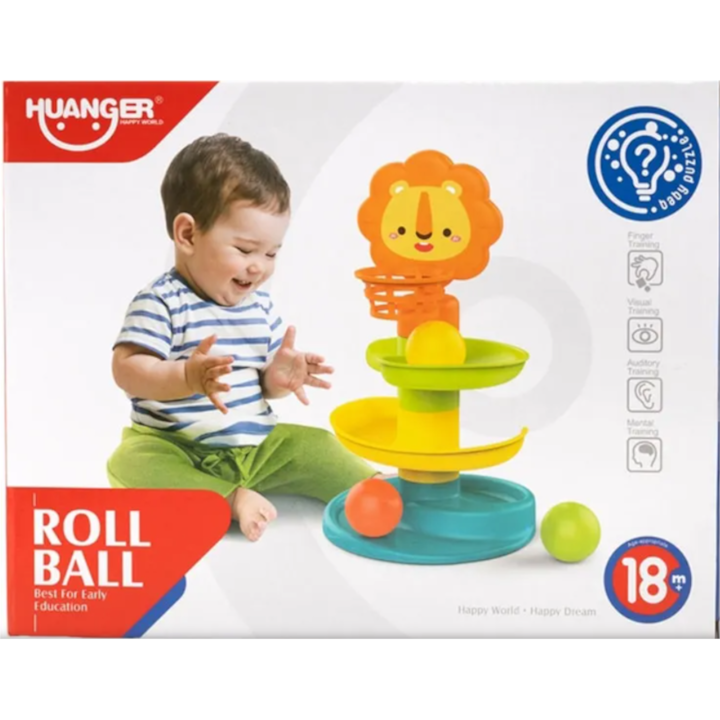 Pista cu bile colorate, GHEMOTOC®, Jucarie interactiva bebe 3 nivele, leu