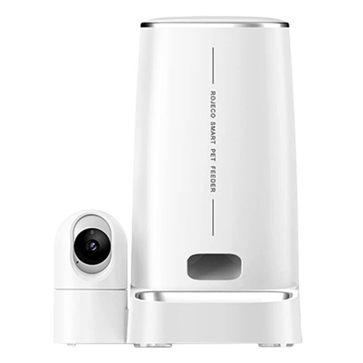 Dispenser smart hrana pentru animale de companie Rojeco RWSQ-10, Capacitate 4L, Camera 1080p, Control aplicatie, WiFi, Alb