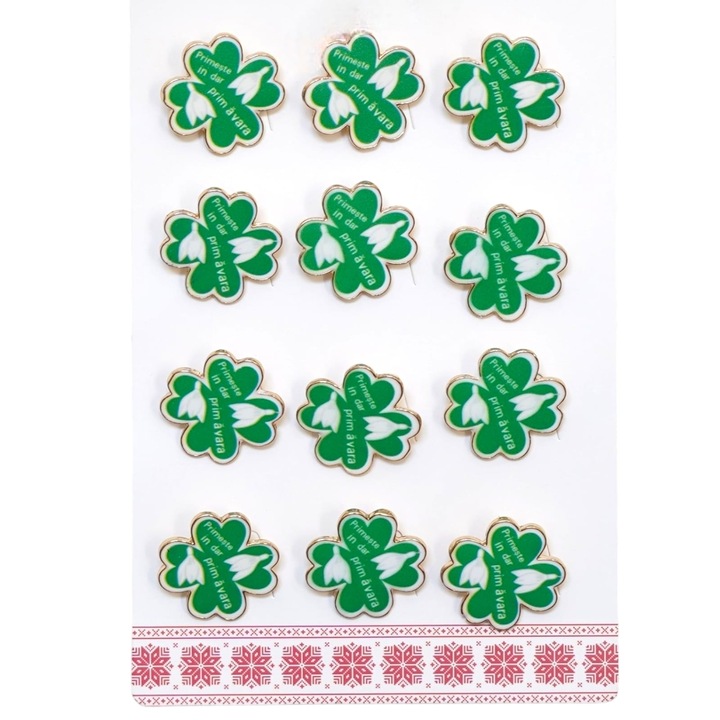 Set 12 Martisoare Brosa tip insigna, Model 68, Trifoi cu Mesajul Primeste in Dar Primavara