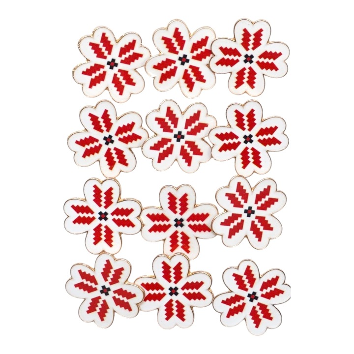 Set 12 Martisoare Brosa tip insigna, Model 80, Trifoi cu Motiv Traditional Rosu