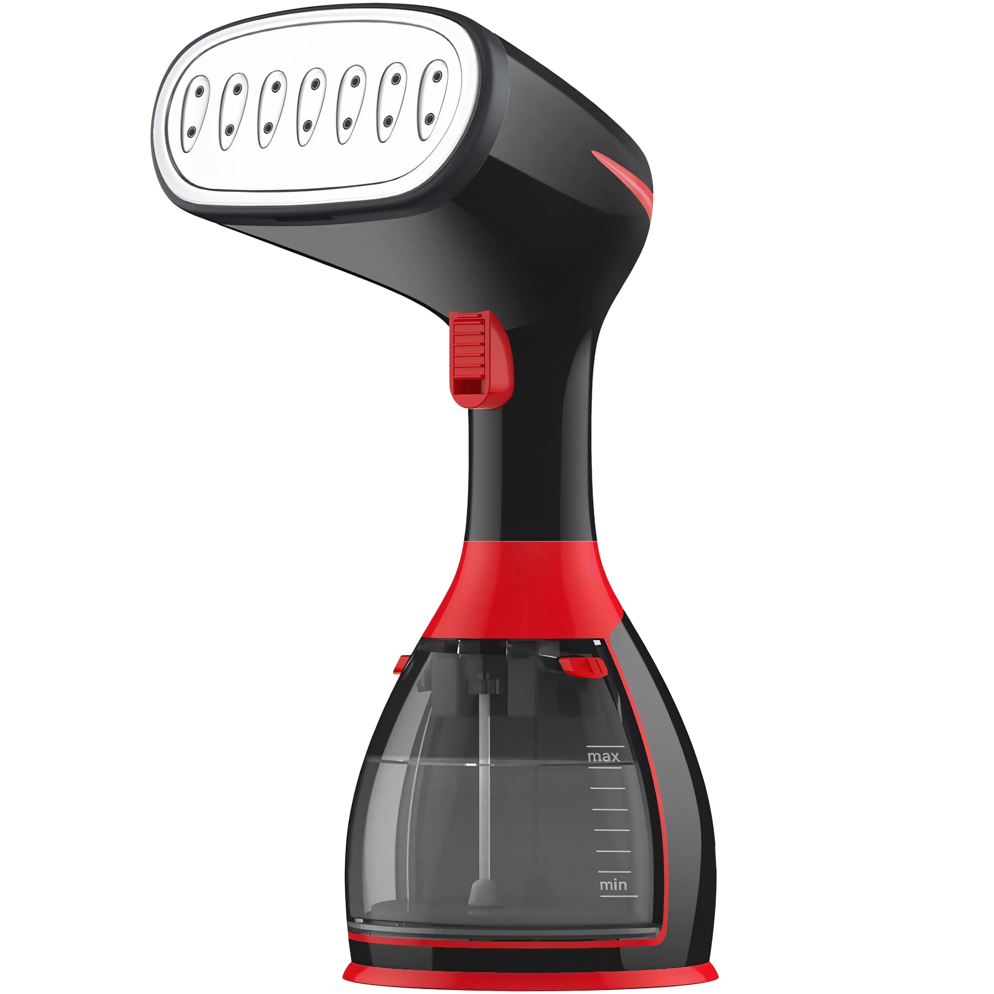 Aparat de Calcat Vertical cu Abur RETOO HandyTools, 1500W, Recipient de Apa Detasabil de 280ml, Abur Variabil Pana la 32ml/min, Incalzire 30s, Talpa din INOX, cu Capat cu Perie si Capat pentru Calcat Haine la Dunga, Negru-Rosu
