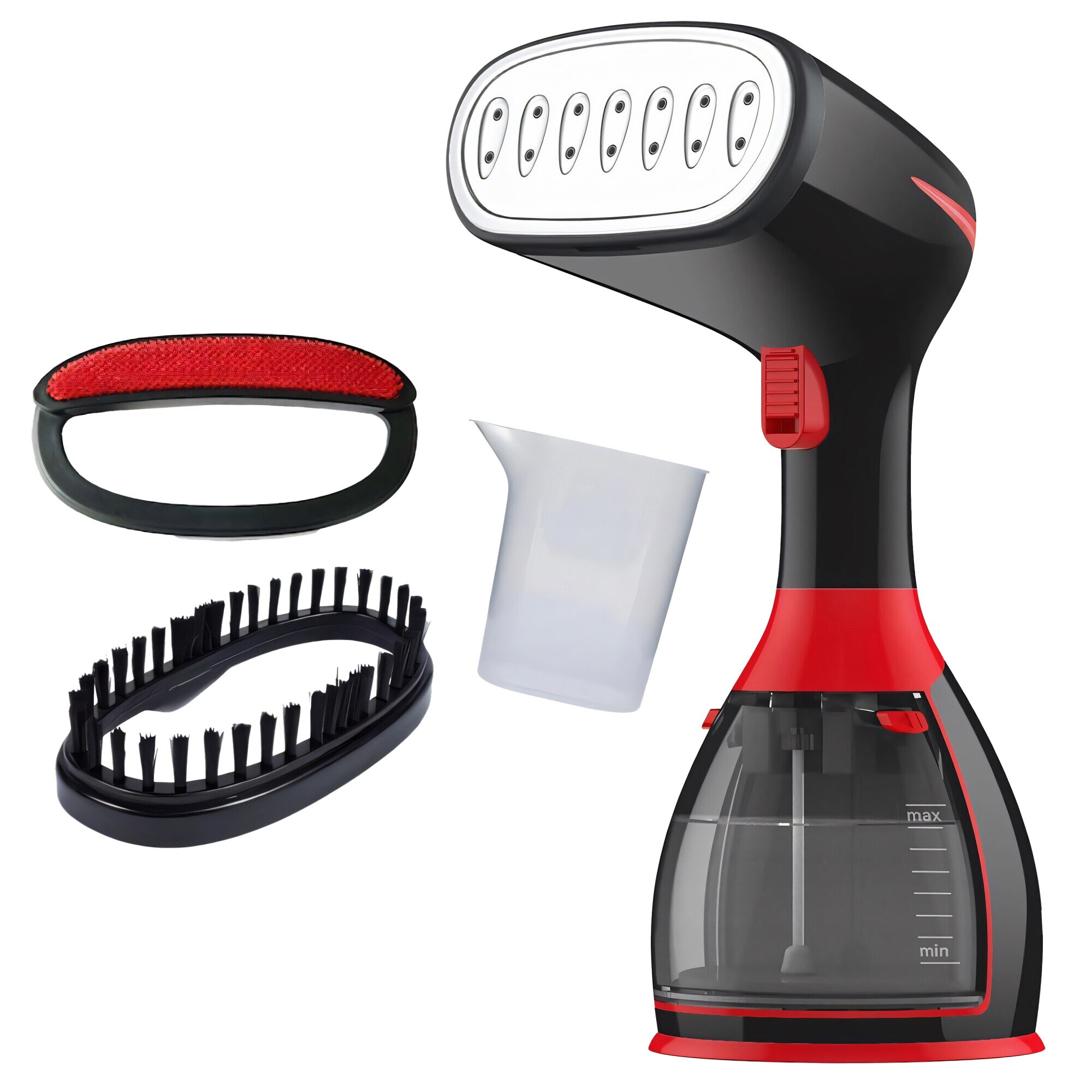 Aparat de Calcat Vertical cu Abur RETOO HandyTools, 1500W, Recipient de Apa Detasabil de 280ml, Abur Variabil Pana la 32ml/min, Incalzire 30s, Talpa din INOX, cu Capat cu Perie si Capat pentru Calcat Haine la Dunga, Negru-Rosu