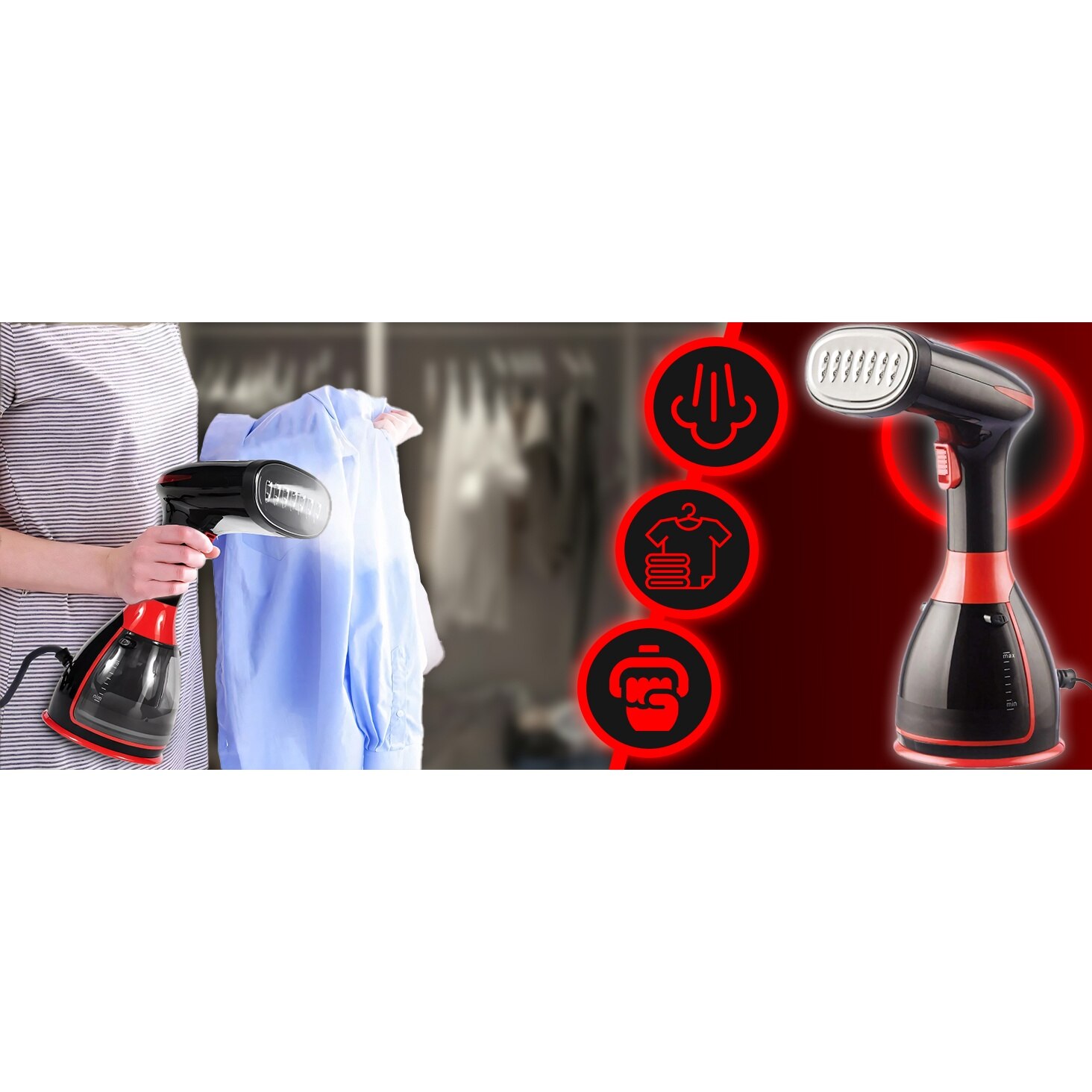 Aparat de Calcat Vertical cu Abur RETOO HandyTools, 1500W, Recipient de Apa Detasabil de 280ml, Abur Variabil Pana la 32ml/min, Incalzire 30s, Talpa din INOX, cu Capat cu Perie si Capat pentru Calcat Haine la Dunga, Negru-Rosu