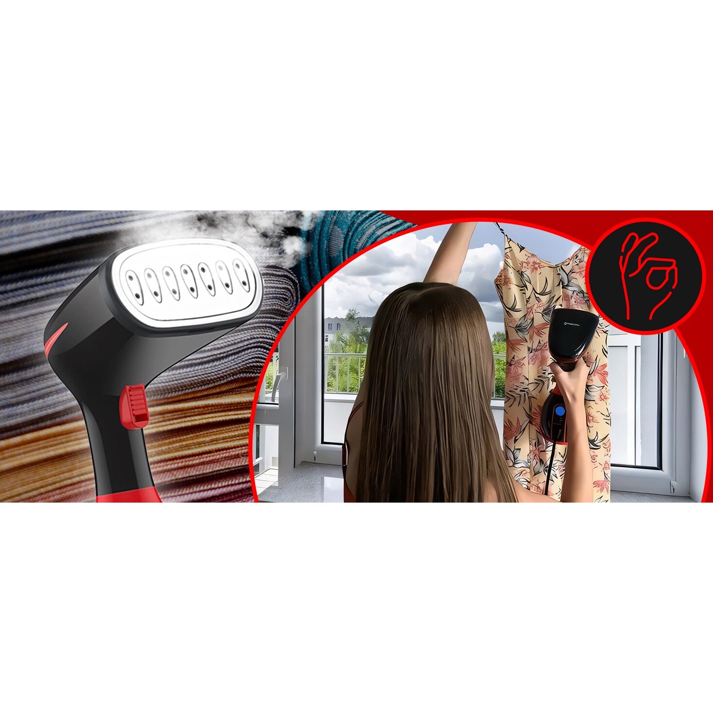 Aparat de Calcat Vertical cu Abur RETOO HandyTools, 1500W, Recipient de Apa Detasabil de 280ml, Abur Variabil Pana la 32ml/min, Incalzire 30s, Talpa din INOX, cu Capat cu Perie si Capat pentru Calcat Haine la Dunga, Negru-Rosu