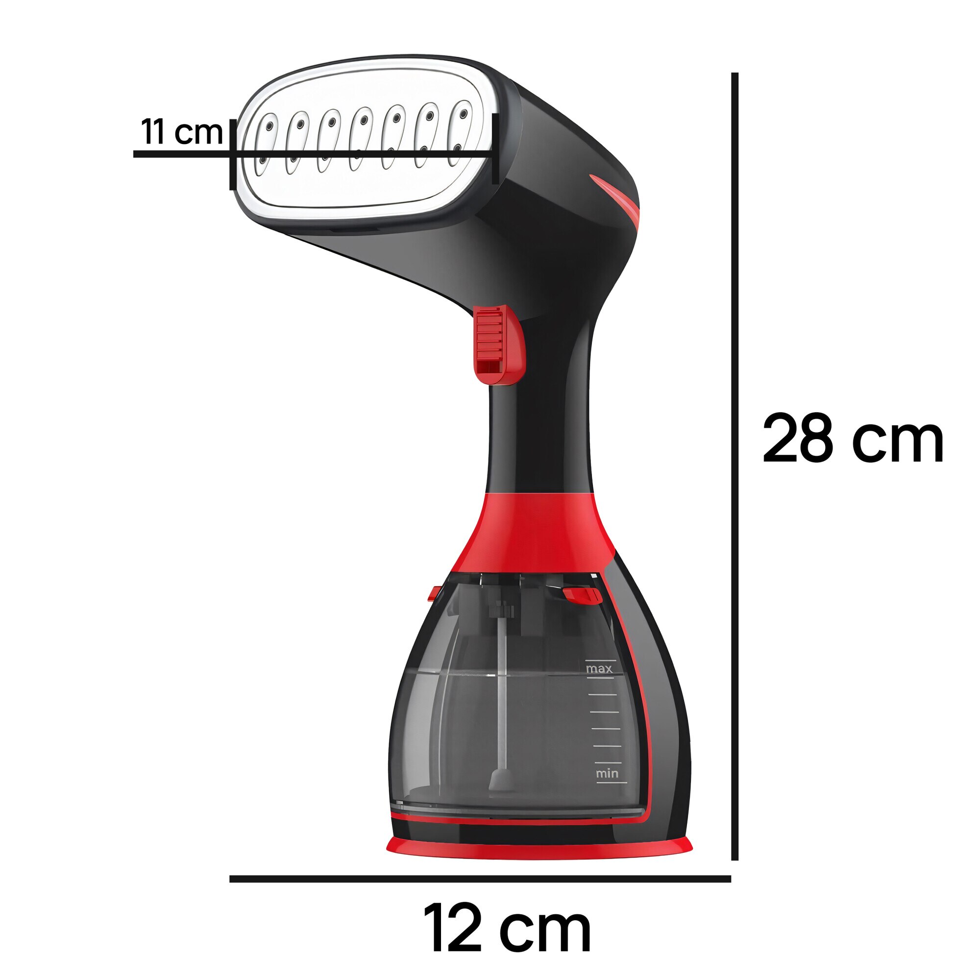 Aparat de Calcat Vertical cu Abur RETOO HandyTools, 1500W, Recipient de Apa Detasabil de 280ml, Abur Variabil Pana la 32ml/min, Incalzire 30s, Talpa din INOX, cu Capat cu Perie si Capat pentru Calcat Haine la Dunga, Negru-Rosu