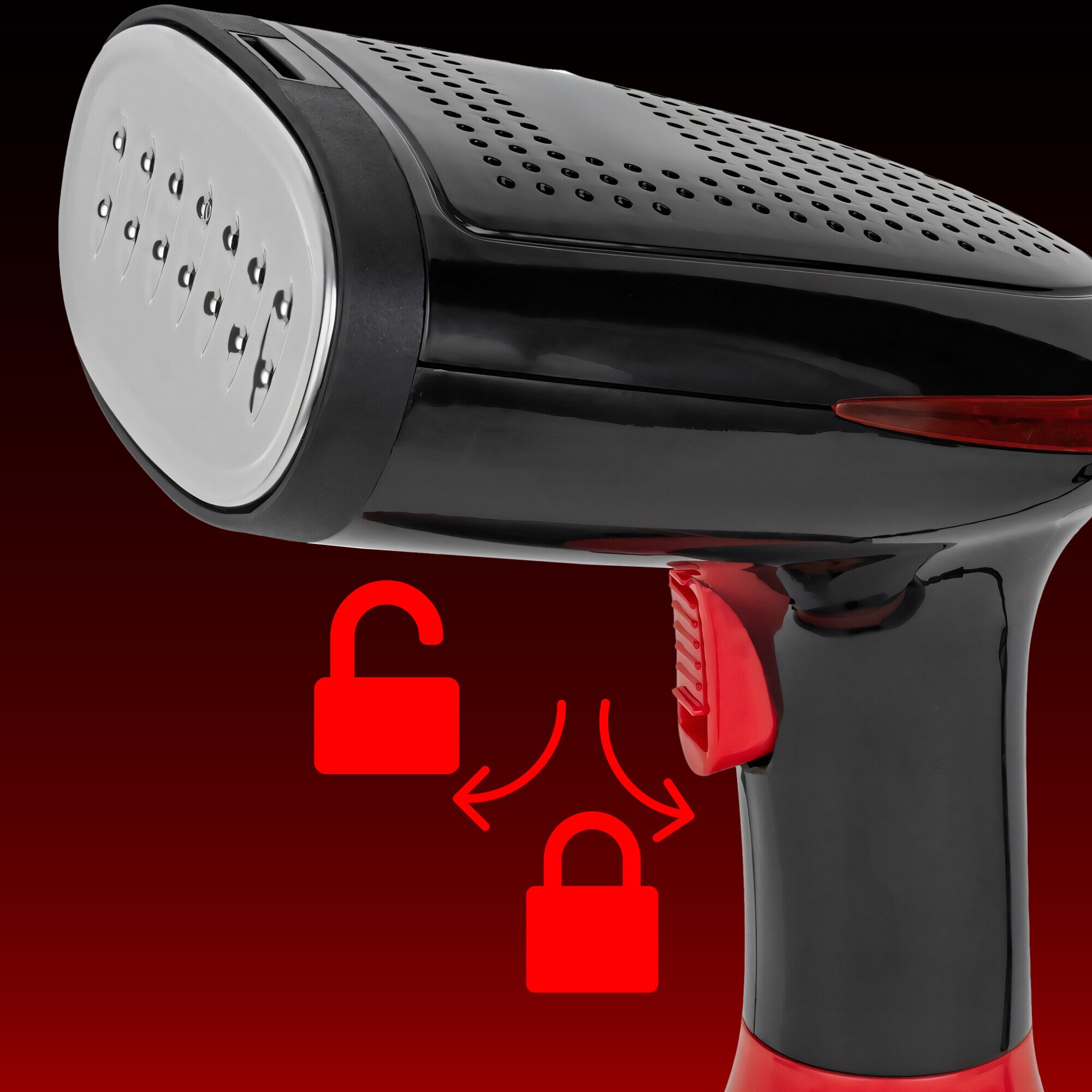 Aparat de Calcat Vertical cu Abur RETOO HandyTools, 1500W, Recipient de Apa Detasabil de 280ml, Abur Variabil Pana la 32ml/min, Incalzire 30s, Talpa din INOX, cu Capat cu Perie si Capat pentru Calcat Haine la Dunga, Negru-Rosu