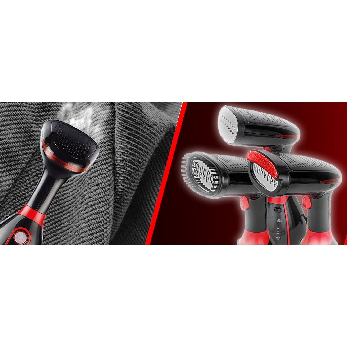 Aparat de Calcat Vertical cu Abur RETOO HandyTools, 1500W, Recipient de Apa Detasabil de 280ml, Abur Variabil Pana la 32ml/min, Incalzire 30s, Talpa din INOX, cu Capat cu Perie si Capat pentru Calcat Haine la Dunga, Negru-Rosu