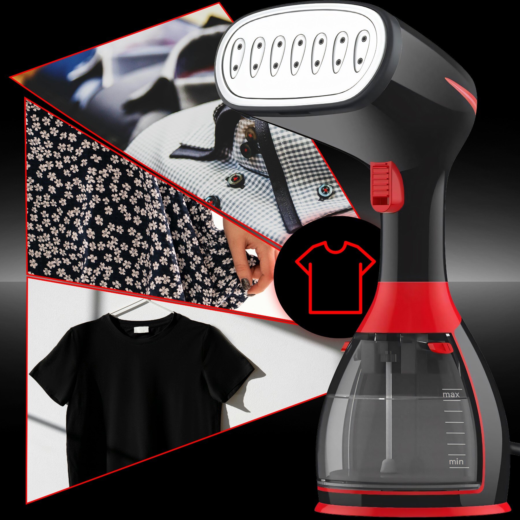 Aparat de Calcat Vertical cu Abur RETOO HandyTools, 1500W, Recipient de Apa Detasabil de 280ml, Abur Variabil Pana la 32ml/min, Incalzire 30s, Talpa din INOX, cu Capat cu Perie si Capat pentru Calcat Haine la Dunga, Negru-Rosu