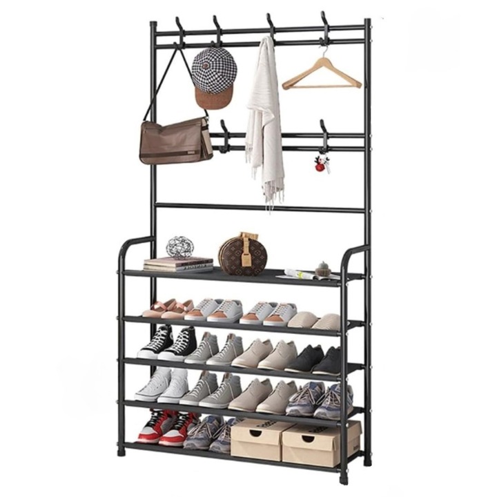 Cuier multifunctional cu pantofar din metal, design modern cu 5 rafturi spatioase, ideal pentru holuri, livinguri sau bai, culoare neagra, organizator perfect pentru incaltaminte si accesorii, dimensiuni 80x26x170 cm