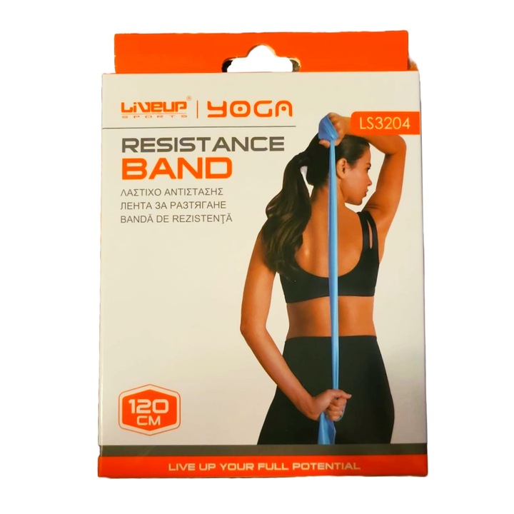 Elasztikus ellenállási szalag 120x15 cm, kék, csúszásmentes, jógához, pilateshez, erő- és regenerálódáshoz