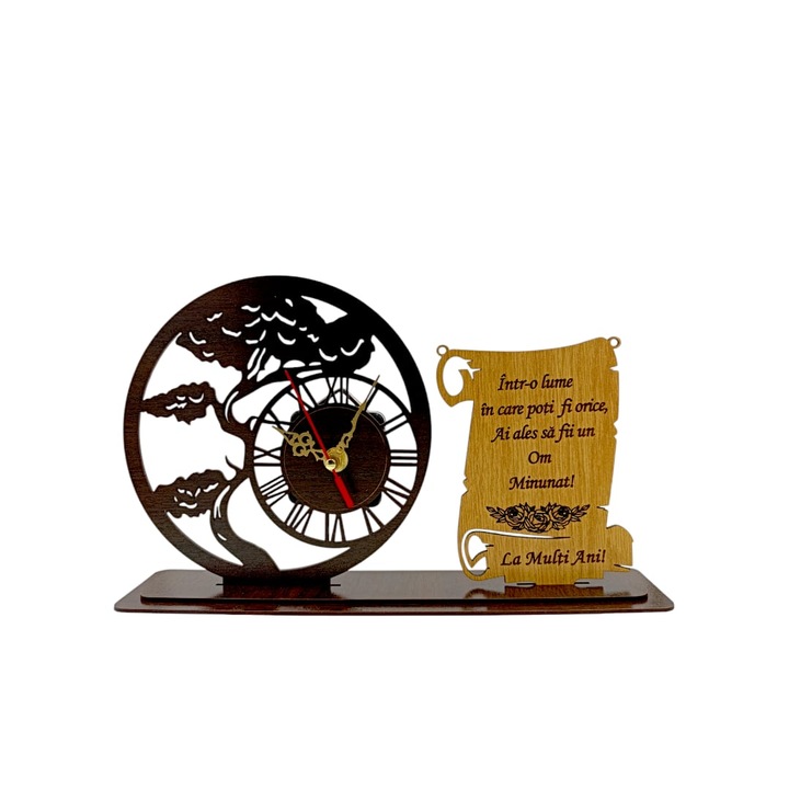 Blank decoratiune Bonsai cu ceas, cadou personalizat cu mesaj standard "Intr-o lume in care poti fii orice, ai ales sa fii un Om Minunat" wenge, 30x18cm