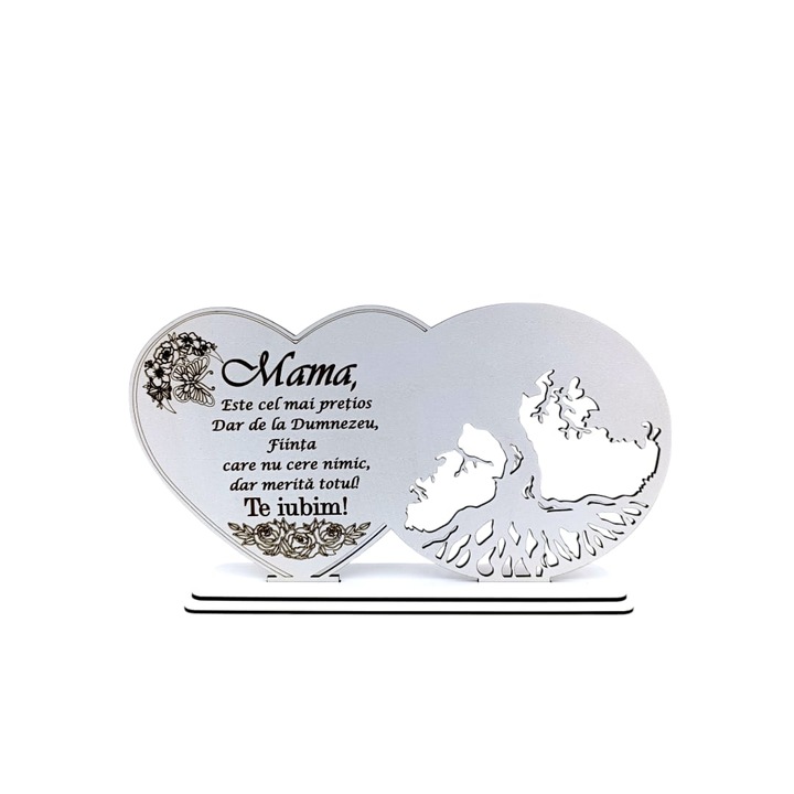 Decoratiune blank inima copacul vietii, personalizata cu mesaj standard pentru Mama, "Mama este cel mai pretios dar de la Dumnezeu...", baza cu suport din lemn, Alb, 30X16cm