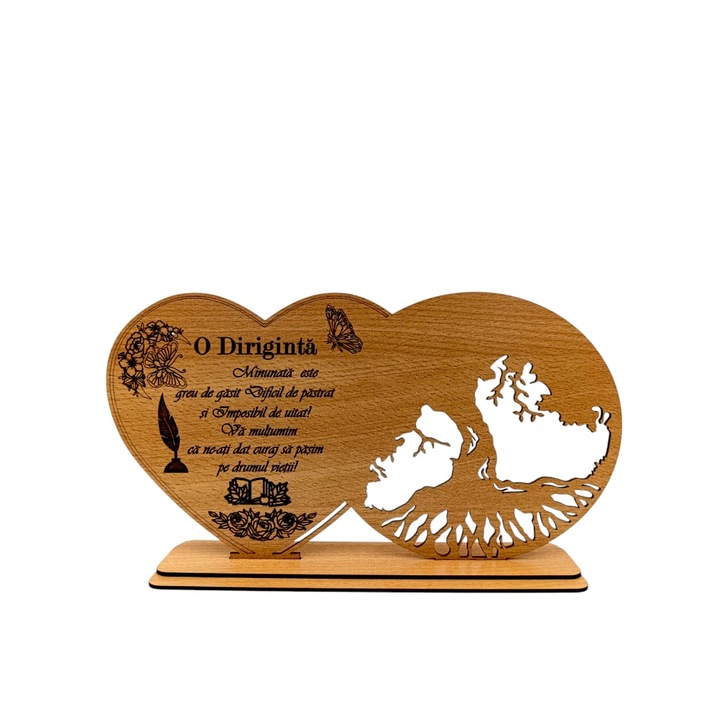 Decoratiune blank inima copacul vietii, personalizata cu mesaj standard pentru Diriginta "O Diriginta minunata este greu de gasit...", baza cu suport din lemn, Maro, 30X16cm