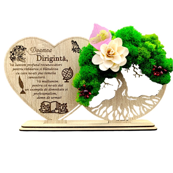 Decoratiune Copacul Vietii cu suport si Inima, cadou personalizat cu mesaj standard pentru ''Diriginta', Sonoma, dimensiune 30x16cm