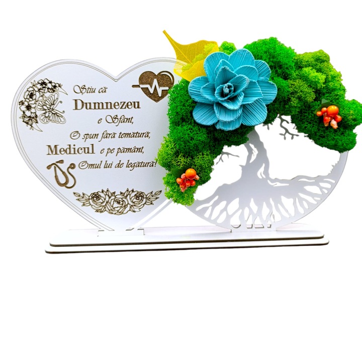 Decoratiune Copacul Vietii cu suport si Inima, cadou personalizat cu mesaj standard pentru Medic "Stiu ca Dumnezeu e Sfant", Alb, dimensiune 30x16cm