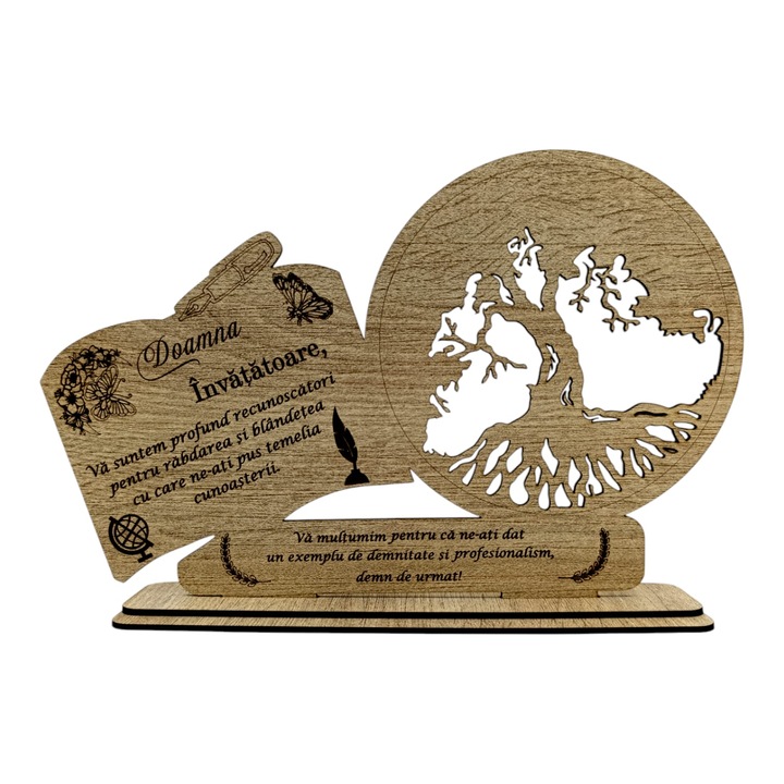 Blank tablou copacul vietii cu carte, cadou personalizat cu mesaj standard pentru Invatatoare "Va suntem profund recunoscatori...", dimensiune 30x18cm, sonoma