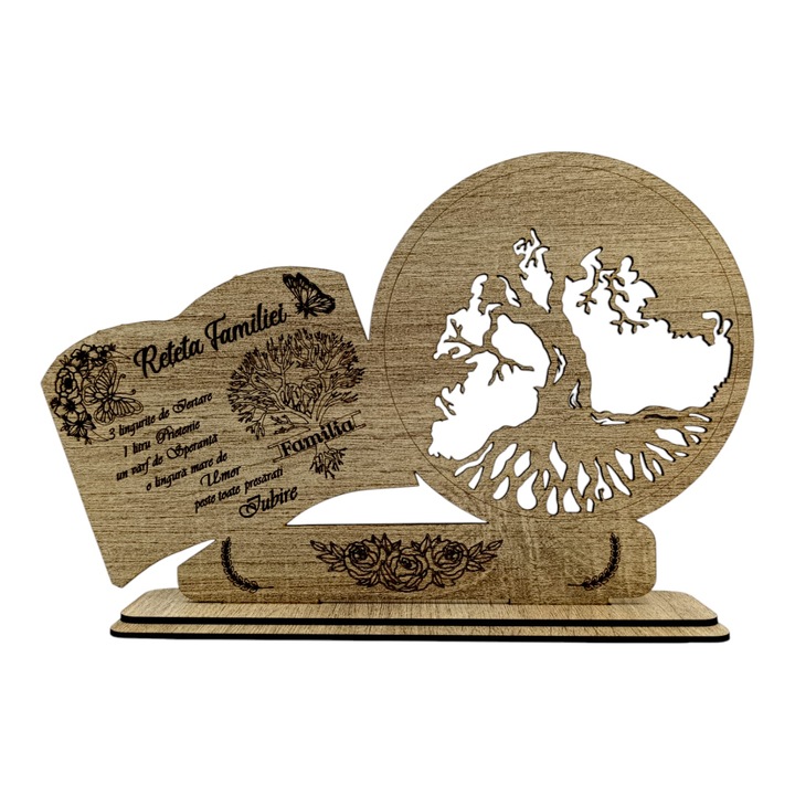 Blank tablou copacul vietii cu carte, cadou personalizat cu mesaj standard pentru "Reteta Familiei", dimensiune 30x18cm, sonoma
