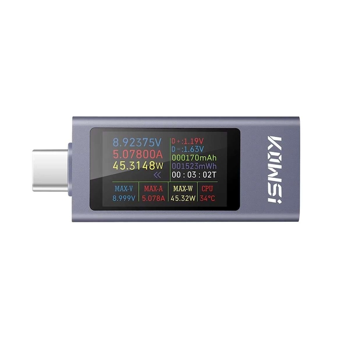 Multimetru USB tip C pentru testat si analizat dispozitivele cu incarcare USB-C in timp real, ecran OLED color