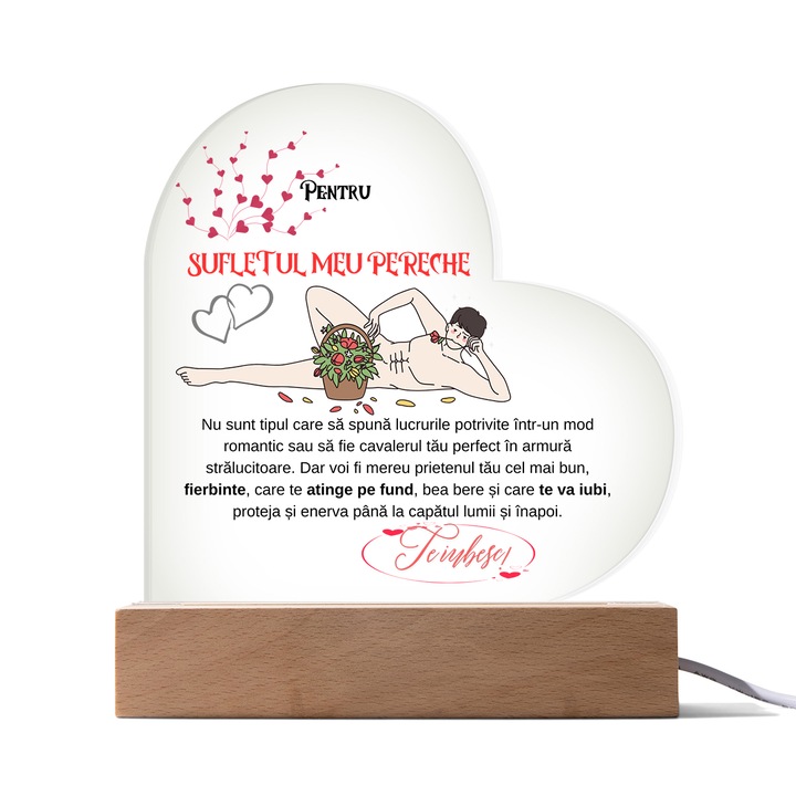 Set Cadou Pentru Iubita sau Sotie, JOYSTOS, Lampa Lumina Alba Calda cu Baza din Lemn si Mesaj `Pentru sufletul meu pereche. Care te va iubi, proteja si enerva pana la capatul lumii si inapoi`