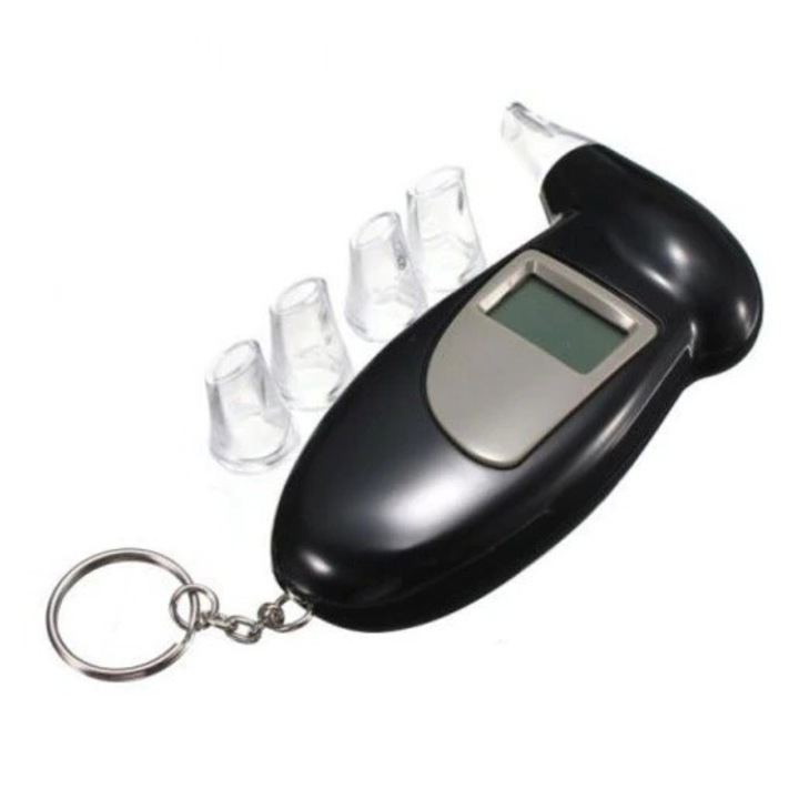 Дигитален алкохолен тестер с LCD дисплей, Черен 2025, Дигитален алкотестер, 5 мундщука, пластмаса, 11 см, Dalimag