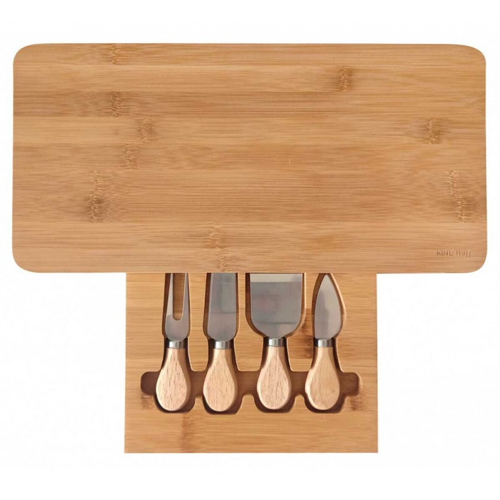 Tacator de bucatarie pentru branza, Kinghoff, set cu ustensile, bambus, 40x19.5x3.2cm