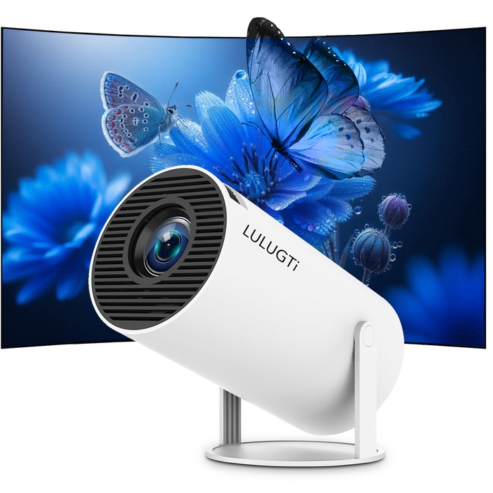 Видео проектор LULUGTI, 1280x720, бял, къс фокус, автоматична корекция на трапецовидното изкривяване