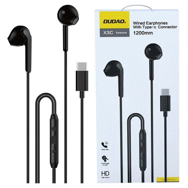 Dudao X3C vezetékes fejhallgató, USB-C, 1,2 m, ergonomikus kialakítás, TPE kábel, fekete