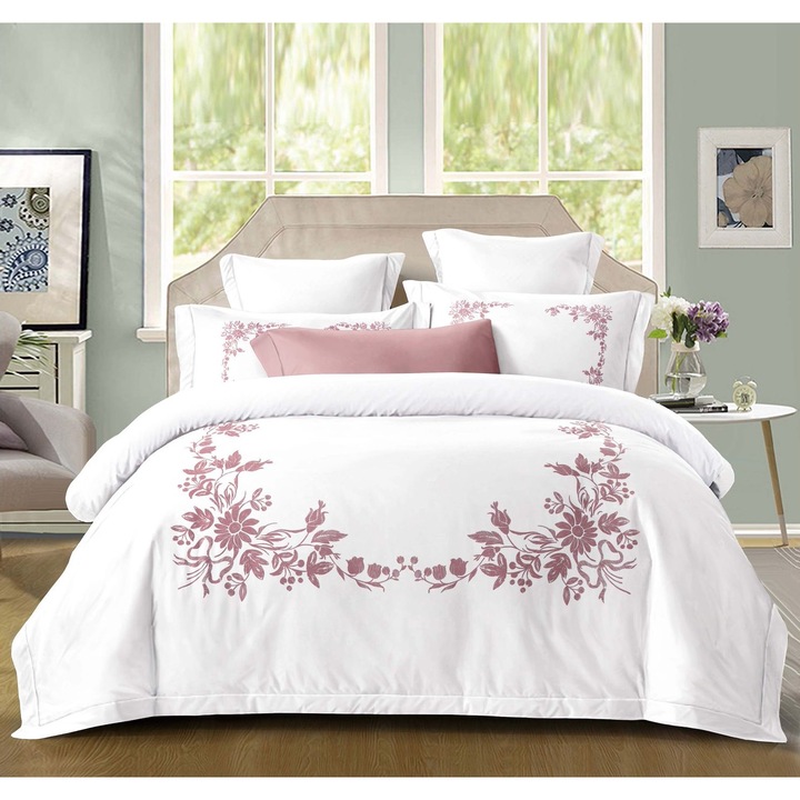 Set Lenjerie CHIRASO Eleganta din Bumbac, cu imprimeu deosebit, pentru pat dublu, 4 piese, Cearceaf de pat cu elastic 180 x 200 cm, Cearceaf pilota 200 x 230 cm, 2 fete de perna 55 x 80 cm, alb-roz pudrat