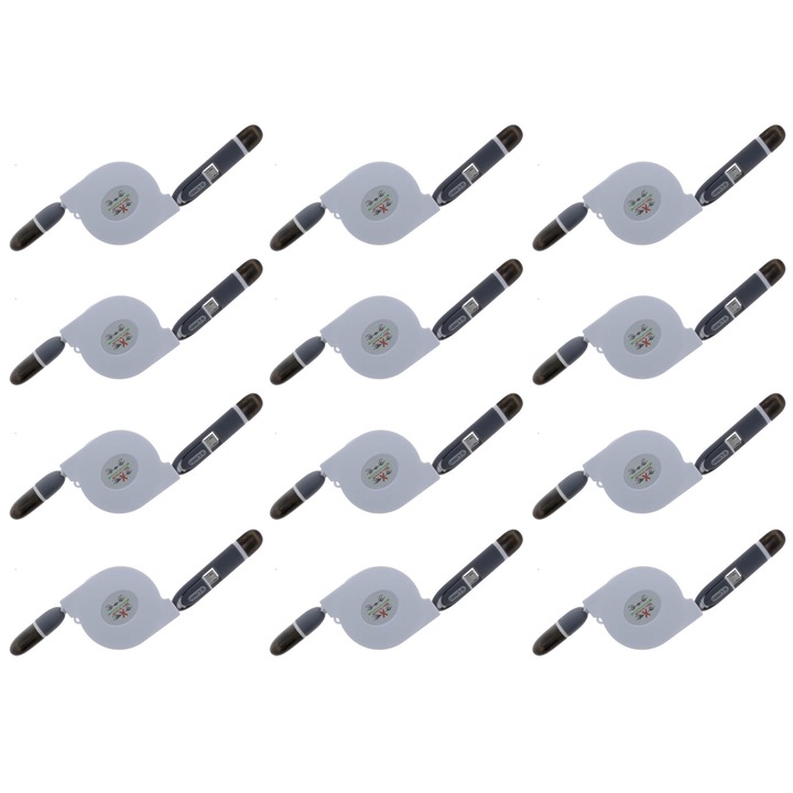 Set 12 bucati Cablu date si incarcare roll-in compatibil Apple, USB la micro-USB si Lightning 8 pini, 1m, Alb