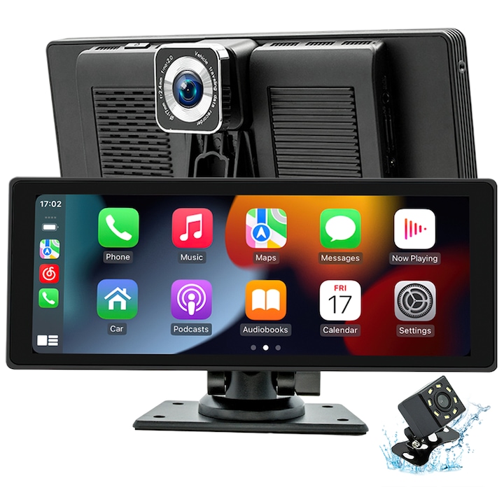 DVR камера за кола, Lurelia, вградена 1080P Dash Cam, с 12 LED камера за задно виждане, 10" 26" екран, поддържа Apple CarPlay и Android Auto, MirrorLink, възпроизвеждане на TF/U дискова карта, AUX/FM аудио изход, интелигентен гласов контрол