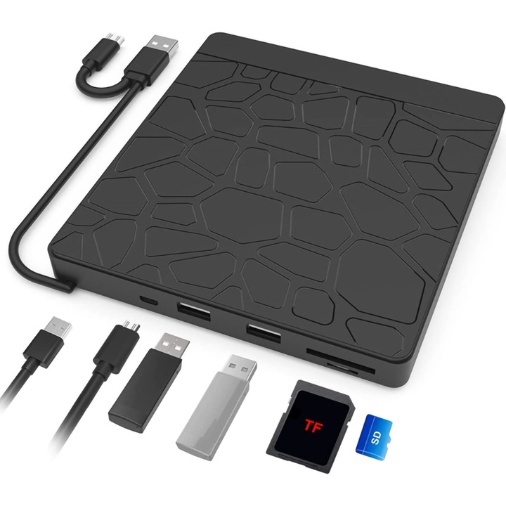 Vékony, hordozható külső DVD-író, USB 3.0 és TypeC, CD, DVD +/-, RW, többfunkciós, 2x USB-A 2.0, 1x Micro USB, TF SD kártyaolvasó, DVD-lejátszó olvasó kompatibilis Laptop/asztali/Macbook/iMac, Windows 11/10/8/7/XP, Mac OS, Linux