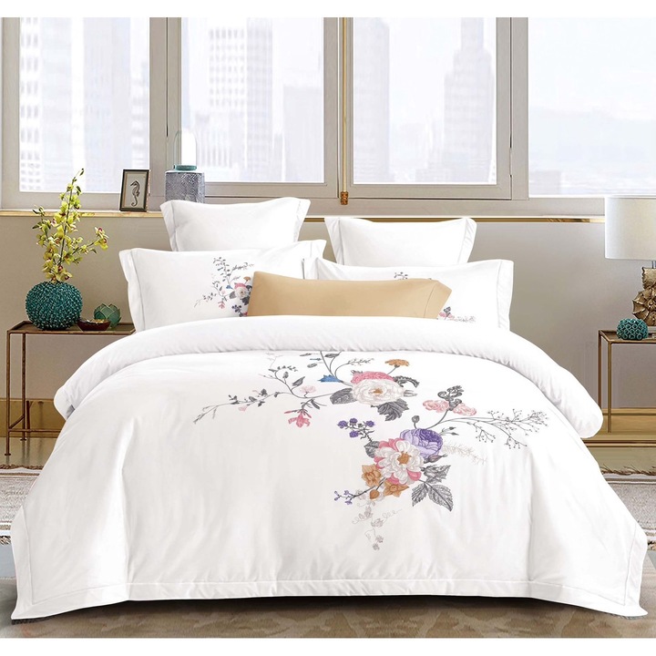 Set Lenjerie CHIRASO Eleganta din Bumbac, cu imprimeu deosebit, pentru pat dublu, 4 piese: Cearceaf de pat cu elastic 180 x 200 cm, Cearceaf pilota 200 x 230 cm, 2 fete de perna 55 x 80 cm, alb-gri-maro deschis