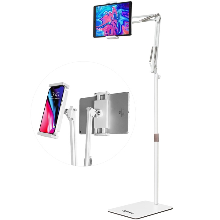 Suport pentru tableta si telefon, HNSMART, ajustabil pe inaltime, rotire 360°, alb, 22-55 inch