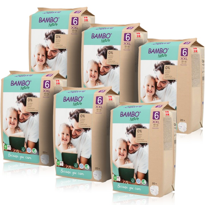 Scutece Eco Bambo Nature, marimea 6, 16 kg+, 6 pachete x 20, 120 buc