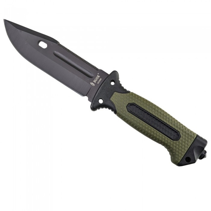 Cutit tactic BGOK, negru, 36.5 cm, teaca cu busola, silex (cremene), fluier, spargator de geam, maner vulcanizat