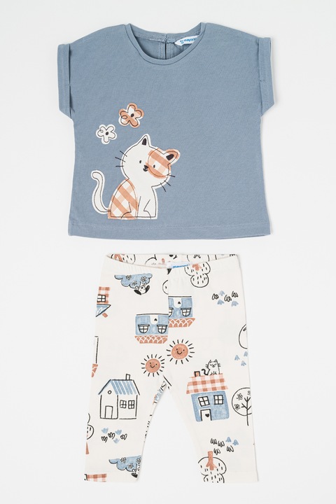 Mayoral, Set de pantaloni si tricou din amestec de bumbac - 2 piese, Alb fildes/Albastru prafuit