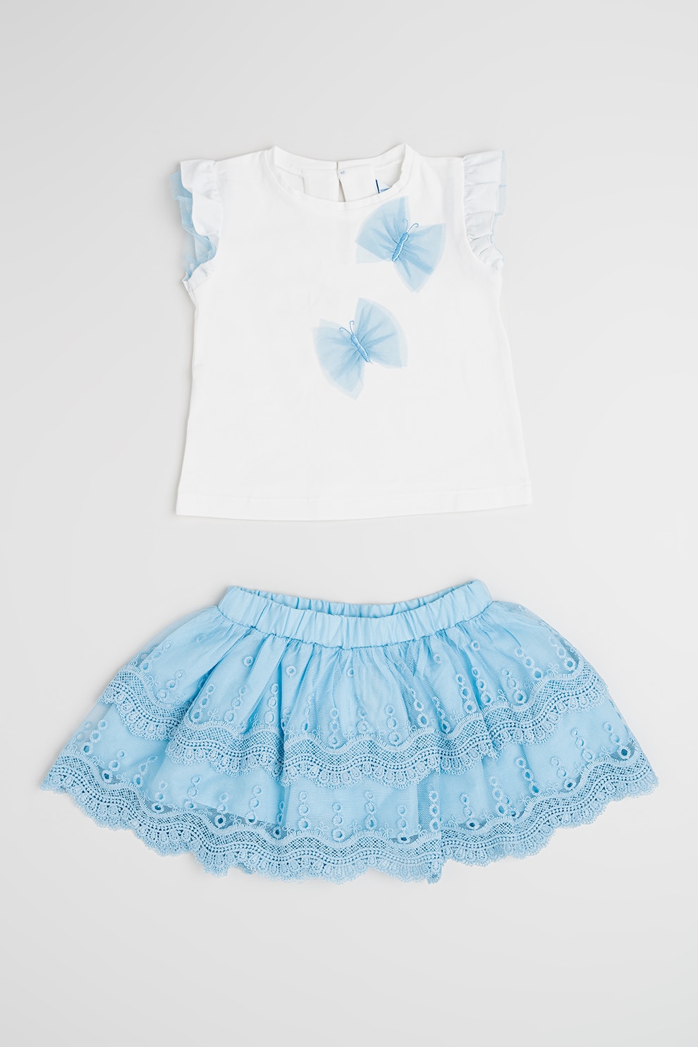 Mayoral, Set de tricou cu broderie si fusta, Alb, Albastru lavanda, 80 CM