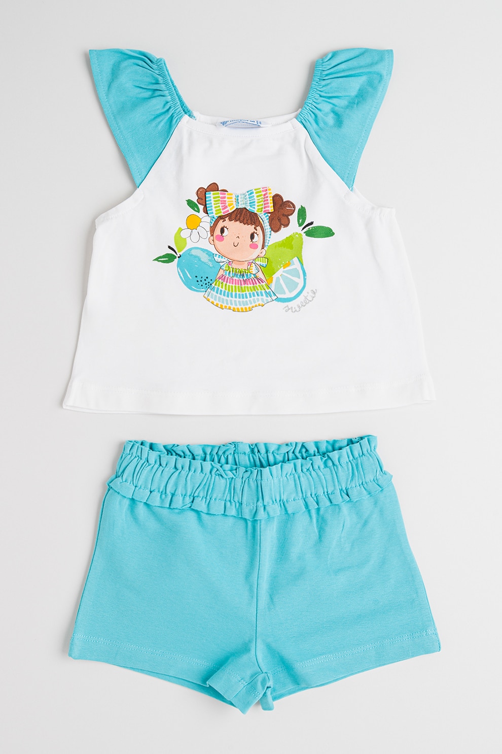 Mayoral, Set de top din amestec de bumbac cu model si pantaloni scurti, Alb optic, Albastru deschis, 86 CM