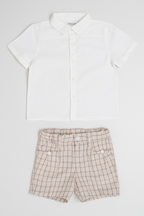 Mayoral, Set de camasa din amestec de in si pantaloni scurti, Alb/Maro taupe deschis